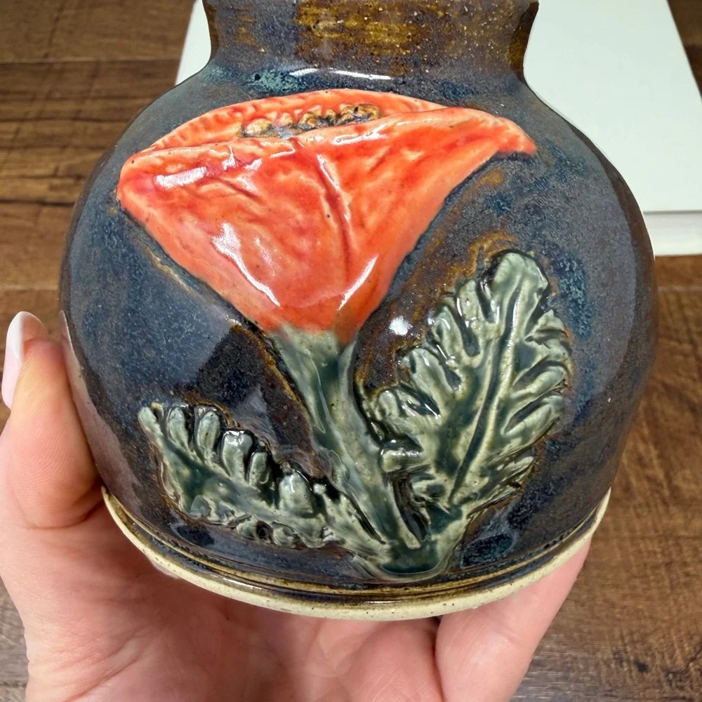 Signed‎ EMS Studio Pottery Poppy Weed Pot Vase Teal Brown Handcrafted 1.25lbs